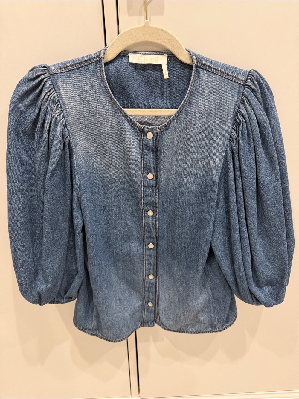 Chloe Light Blue Denim Puff-Sleeve Button-Front Shirt